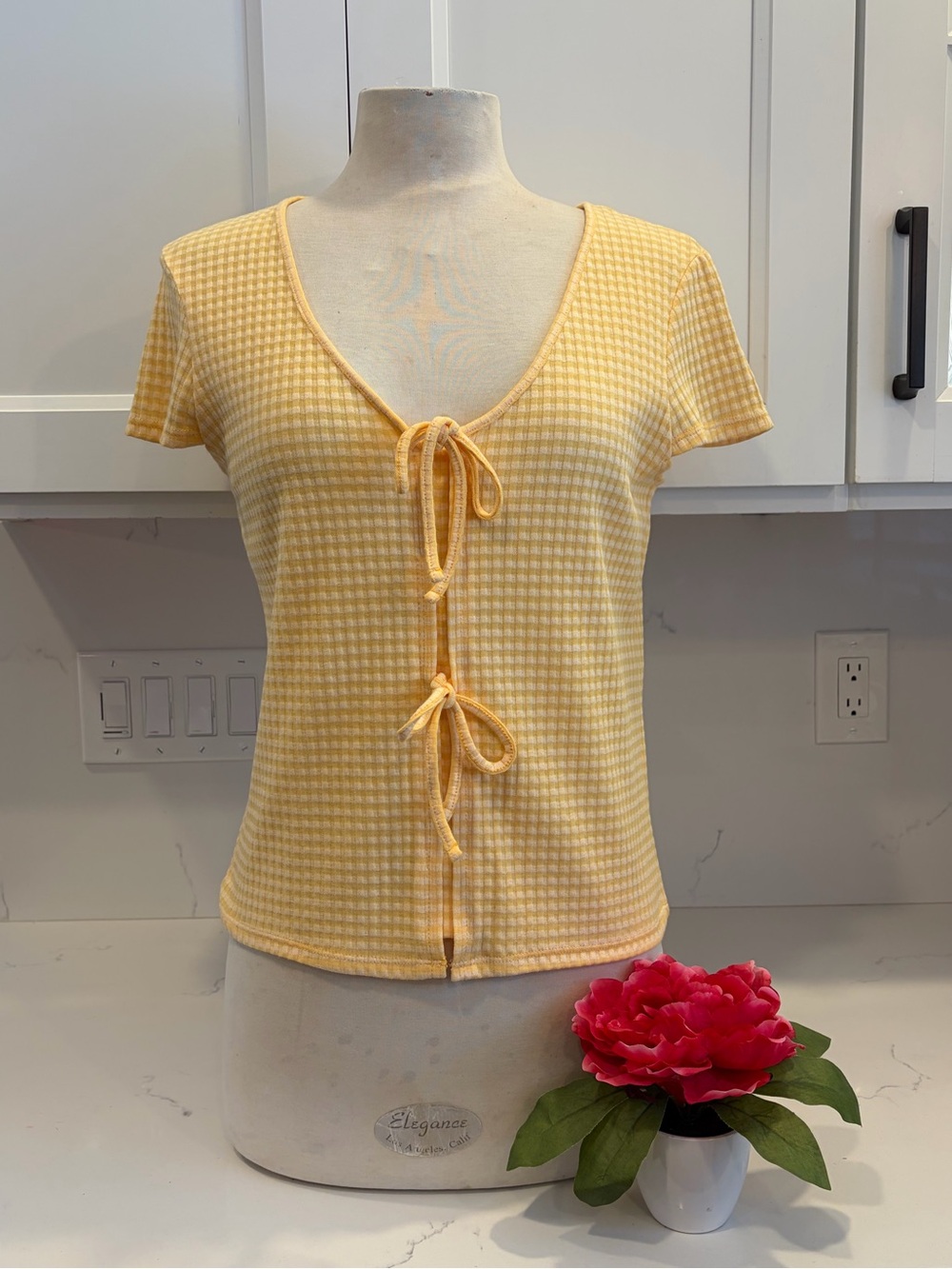 Madewell Yellow Gingham Tie-Front Short Sleeve Top